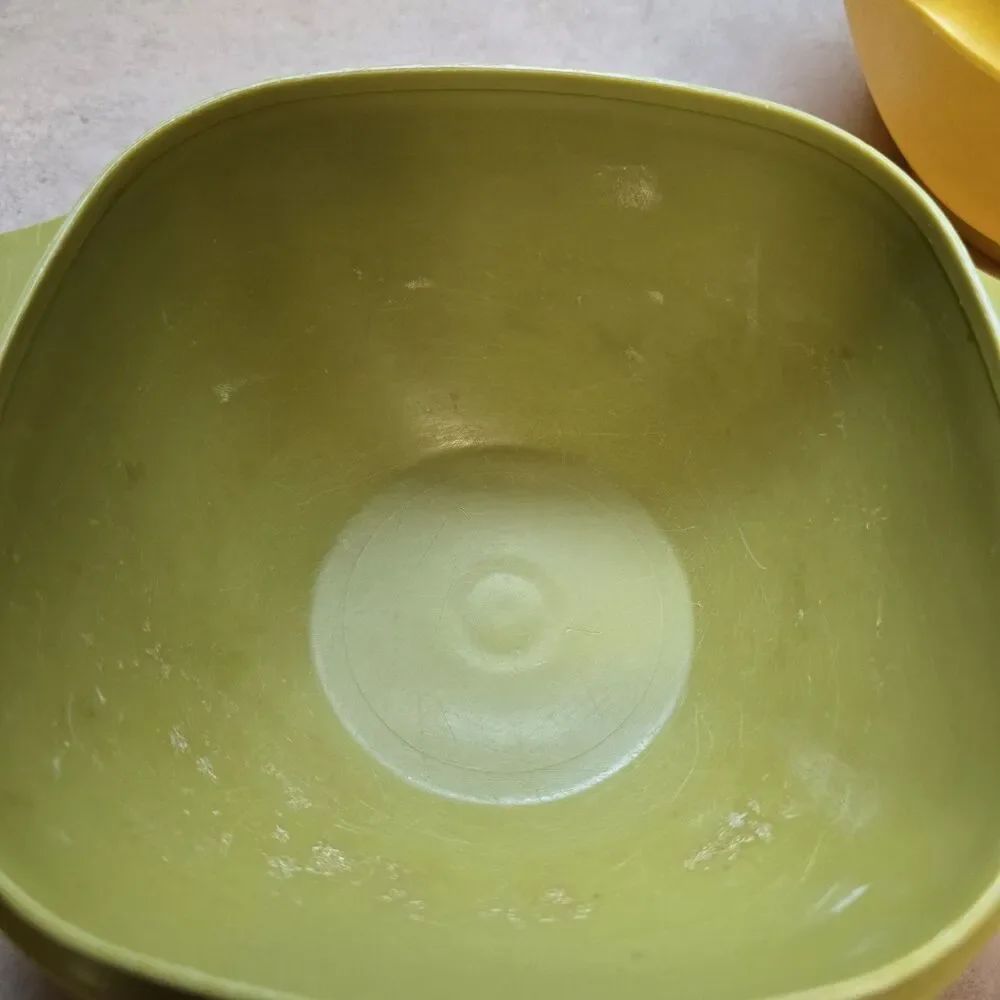 Tupperware Vintage Square Bowl & Lid Set 3pc Yellow Green Orange Plastic